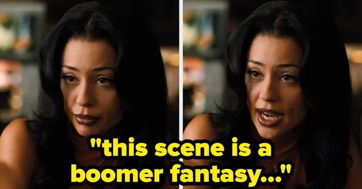 Two-panel TV screenshot of a dark-haired woman in a restaurant with yellow text overlay reading 'this scene is a boomer
