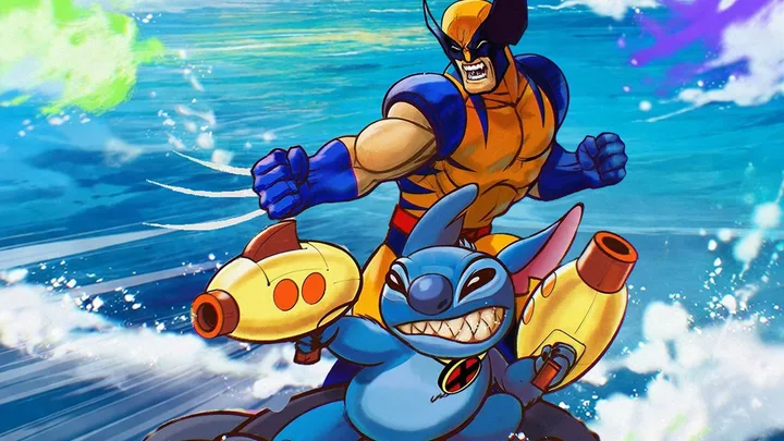 Fan art of Wolverine and Stitch team-up, riding together dynamically against ocean backdrop.