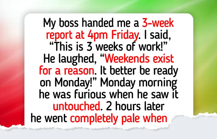 Text graphic showing a story about a boss assigning a 3-week report at 4pm Friday and demanding it by Monday.