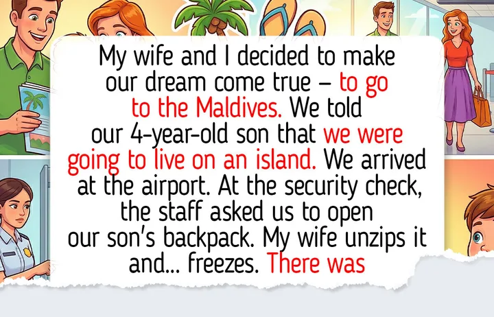 Illustrated comic-style image with text telling a humorous airport security story about a family traveling to the Maldiv