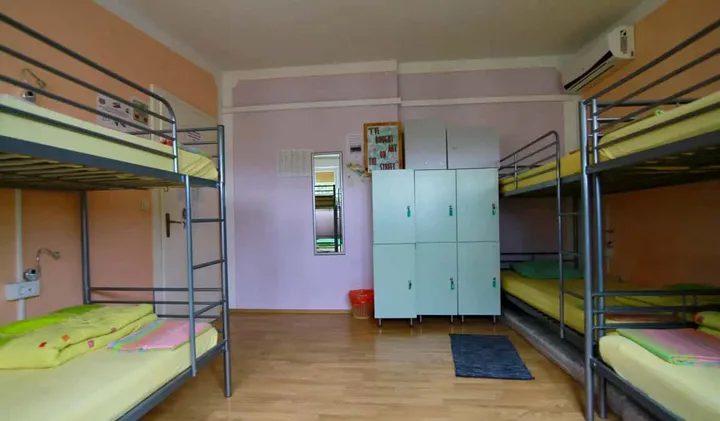 Hostel dormitory with multiple bunk beds, yellow bedding, storage lockers, and pastel-colored walls.