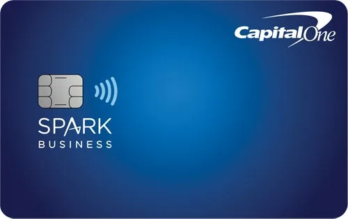Capital One Spark Business credit card on a blue gradient background.