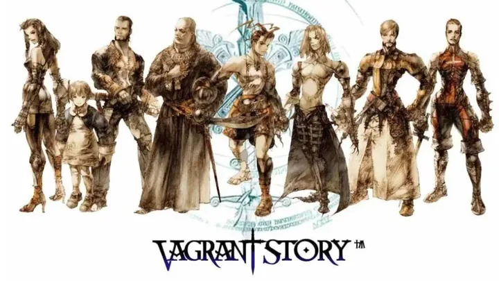 Official Vagrant Story promotional art showing seven fantasy characters lined up against a white background with logo.