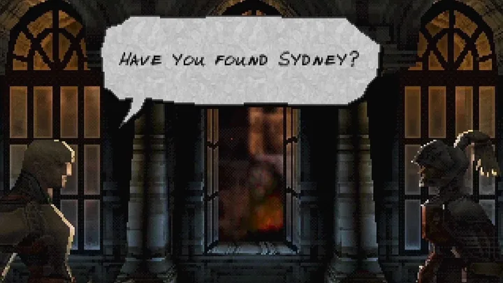 Retro pixel-art JRPG dialogue scene with two characters in a gothic castle asking 'Have you found Sydney?'