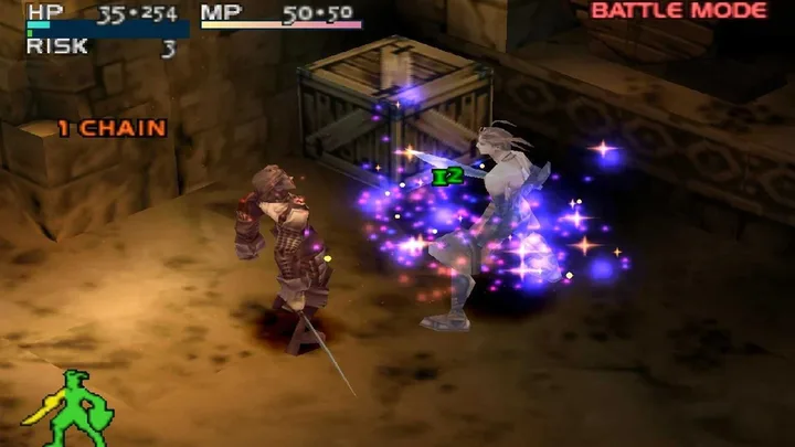 Vagrant Story PS1 gameplay screenshot showing real-time combat with HP/MP stats and battle mode UI.