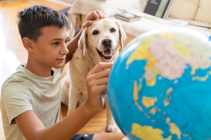 A boy petting a Labrador retriever while examining a globe on the floor.