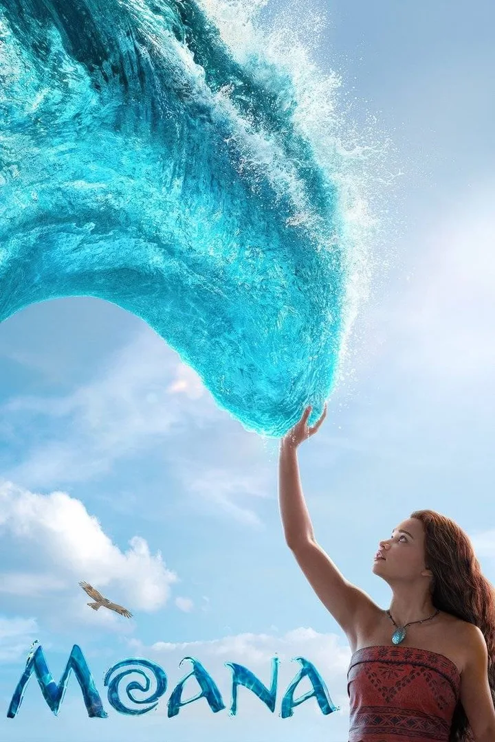 Official Moana live-action movie poster showing a young woman reaching up to touch a large ocean wave.