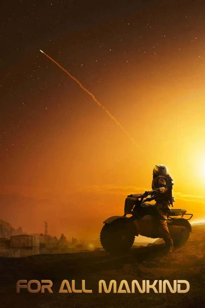Official For All Mankind poster showing an astronaut on a vehicle watching a rocket launch at golden sunset.