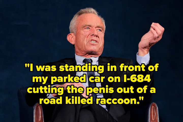 RFK Jr. speaking with a superimposed quote about cutting a penis from a road-killed raccoon on I-684.