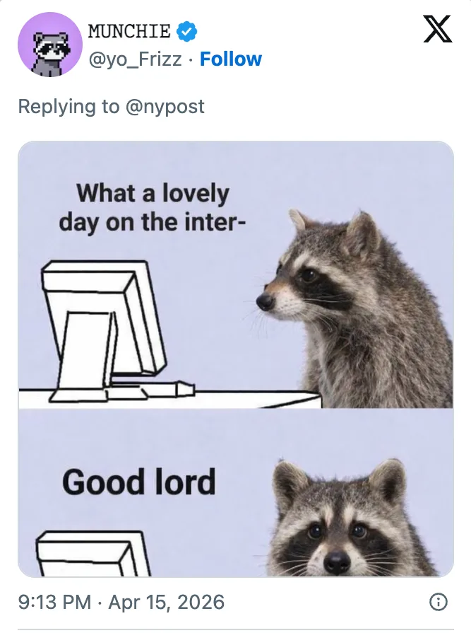 Screenshot of a viral tweet from @yo_Frizz showing a raccoon-at-computer meme captioned 'Good lord' replying to @nypost.