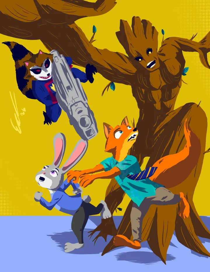 Fan art crossover of Zootopia characters with Rocket Raccoon and Groot from Guardians of the Galaxy.