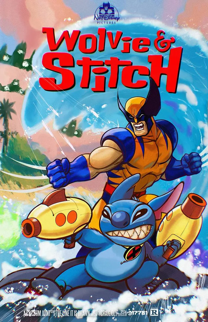 Illustrated movie poster titled 'Wolvie and Stitch' showing Wolverine and Stitch action crossover.
