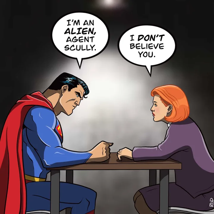 Comic illustration of Superman sitting across from X-Files Agent Scully in an interrogation room.