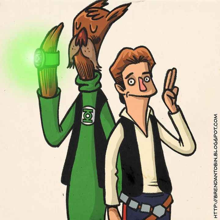 Illustrated crossover of a bird-headed Green Lantern character with Han Solo from Star Wars.