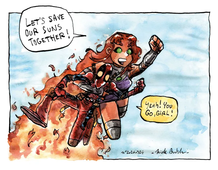 Watercolor comic panel showing two superhero characters flying together saying 'Let's save our suns together!'
