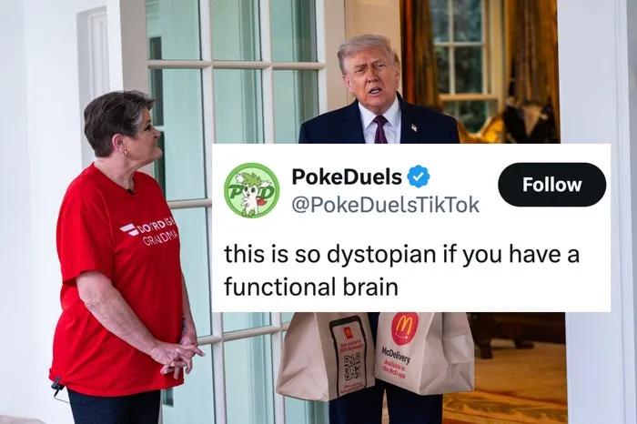Trump holding McDonald's bags at the White House with a woman in a red shirt, overlaid with a critical tweet.