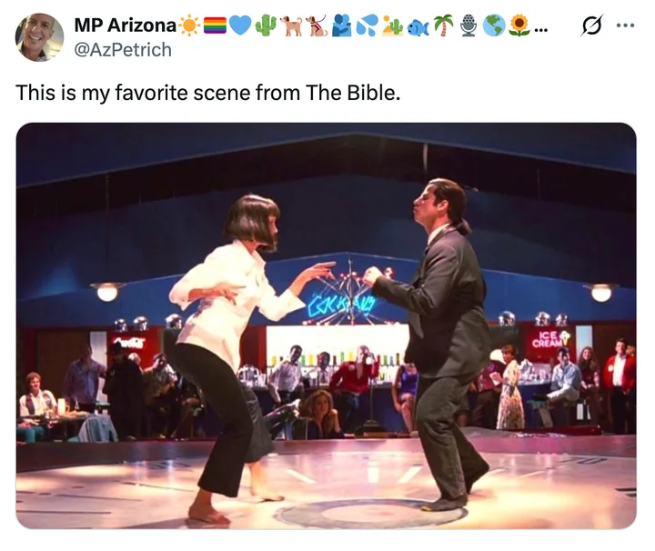 Tweet showing Pulp Fiction dance scene screenshot captioned 'This is my favorite scene from The Bible.'