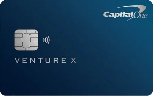 Capital One Venture X credit card in deep blue on white background.