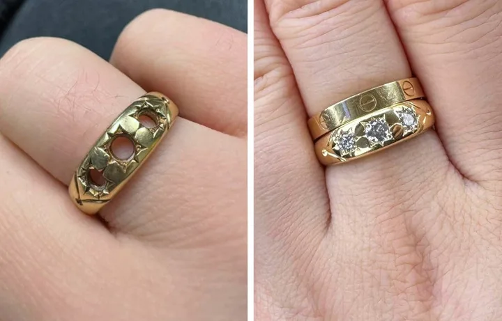 Side-by-side comparison of an antique gold ring before restoration and after with diamonds added.
