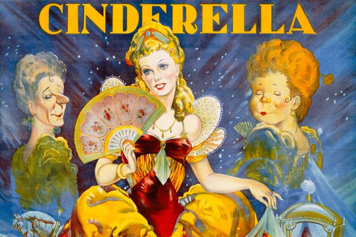 Vintage illustrated Cinderella theatrical poster featuring a woman in red dress with two ugly stepsisters.