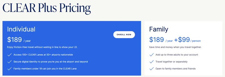 CLEAR Plus pricing webpage showing individual and family membership costs and benefits.