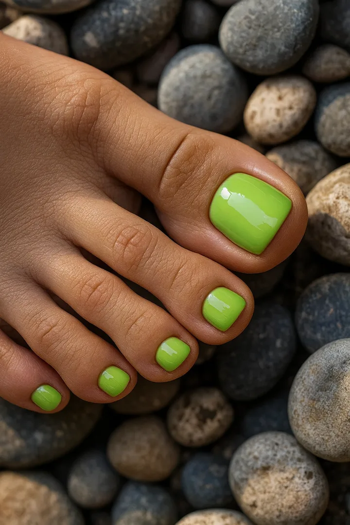 Close-up of a foot with vibrant lime green toenail polish resting on smooth river stones.