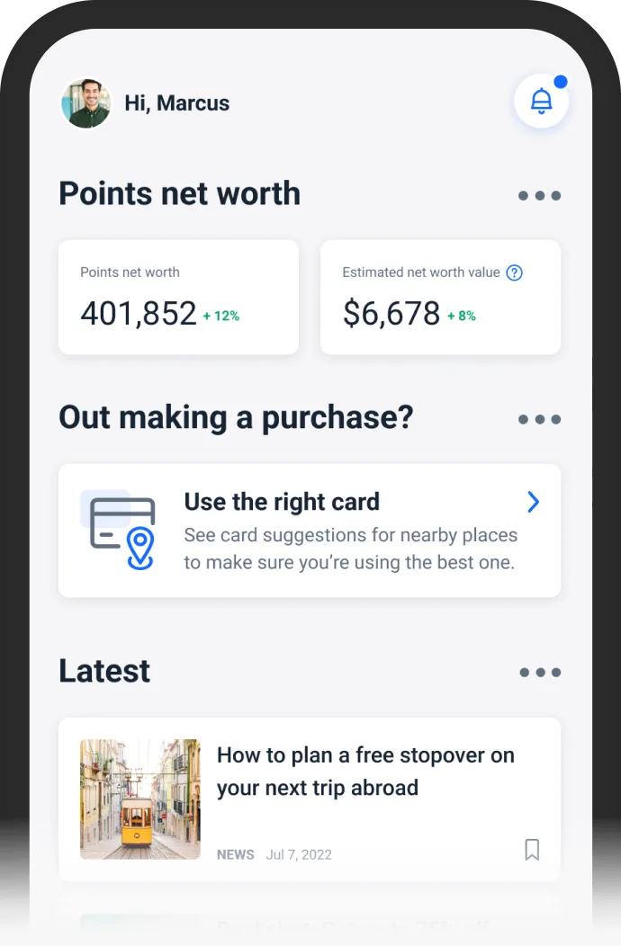 Mobile app screenshot showing a travel rewards points dashboard with 401,852 points.