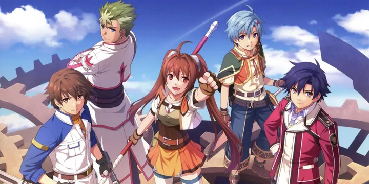 Five anime JRPG characters posing heroically against a blue sky with giant gears in the background.