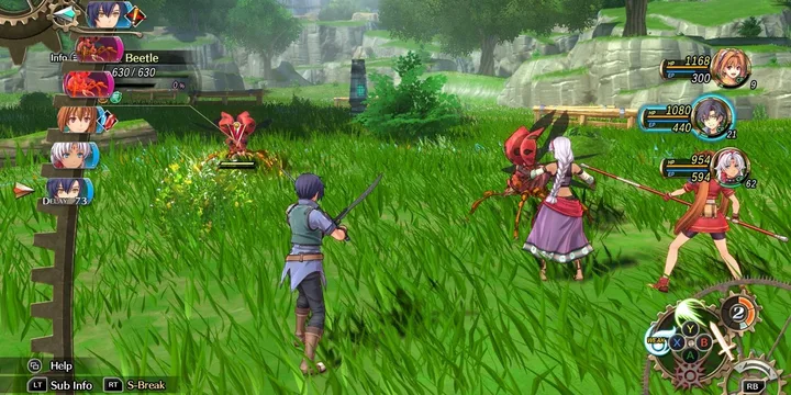 JRPG combat gameplay screenshot showing anime characters battling a beetle enemy in a grassy field.