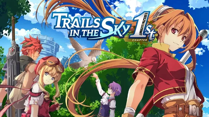 Official key art for Trails in the Sky 1st Chapter featuring four anime characters outdoors.