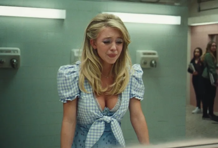 Blonde woman in a blue gingham dress crying in a public restroom, dramatic TV scene.