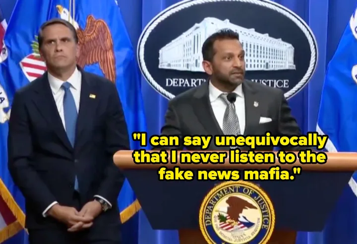 Man at DOJ podium with quote overlay: 'I can say unequivocally that I never listen to the fake news mafia.'