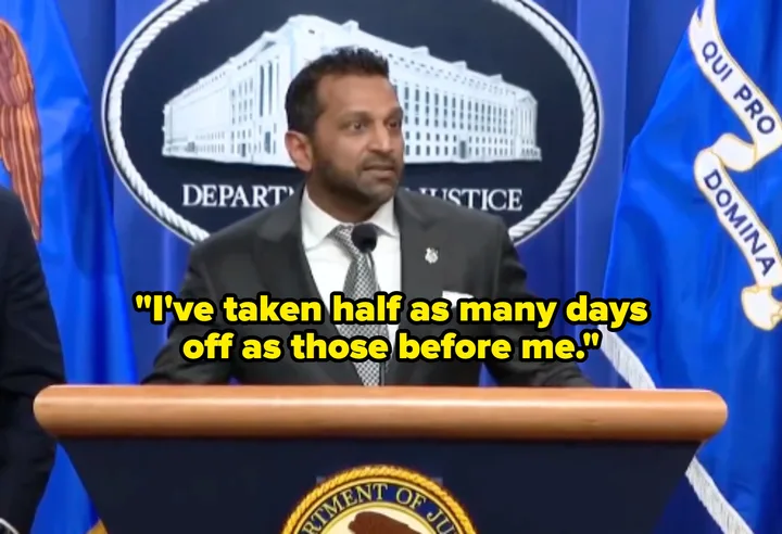 Man at DOJ podium with quote overlay: 'I've taken half as many days off as those before me.'