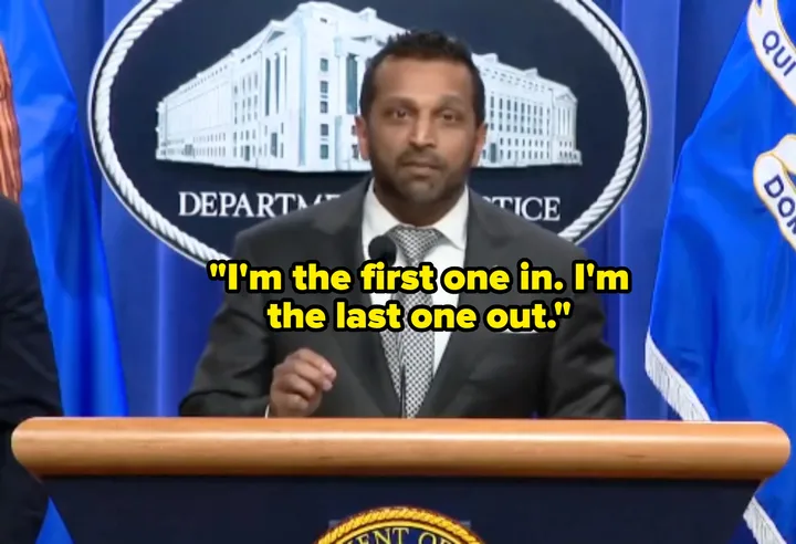 Man at DOJ podium with quote overlay: 'I'm the first one in. I'm the last one out.'