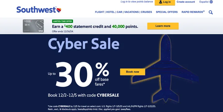 Southwest Airlines website showing Cyber Sale banner advertising 30% off base fares.