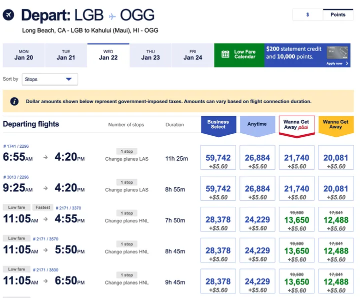 Southwest Airlines flight search results showing departing flights from Long Beach to Kahului, Maui with fares.