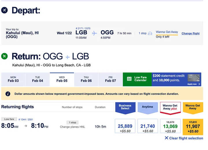 Southwest Airlines booking page showing selected depart and return flights between Long Beach and Maui.