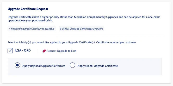 Delta website screenshot showing an Upgrade Certificate Request form with regional and global upgrade options.