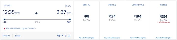 Delta flight booking page showing fare classes from Basic Economy at $99 to First Class at $334 with upgrade certificate