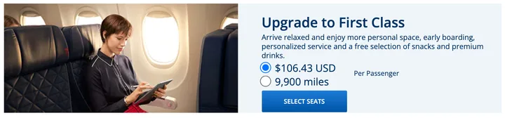 Delta website upgrade prompt offering First Class upgrade for $106.43 or 9,900 miles with a woman seated in coach.