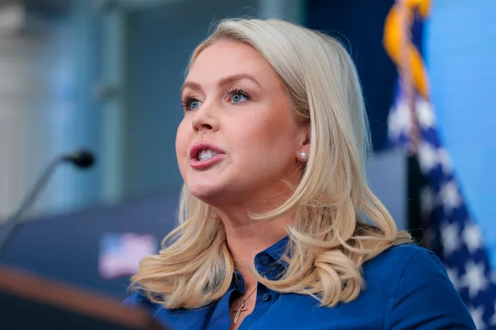 Close-up of blonde woman speaking at White House briefing, blue shirt, cross necklace.