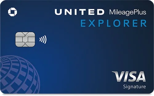 Blue United MileagePlus Explorer Visa Signature credit card on a plain background.