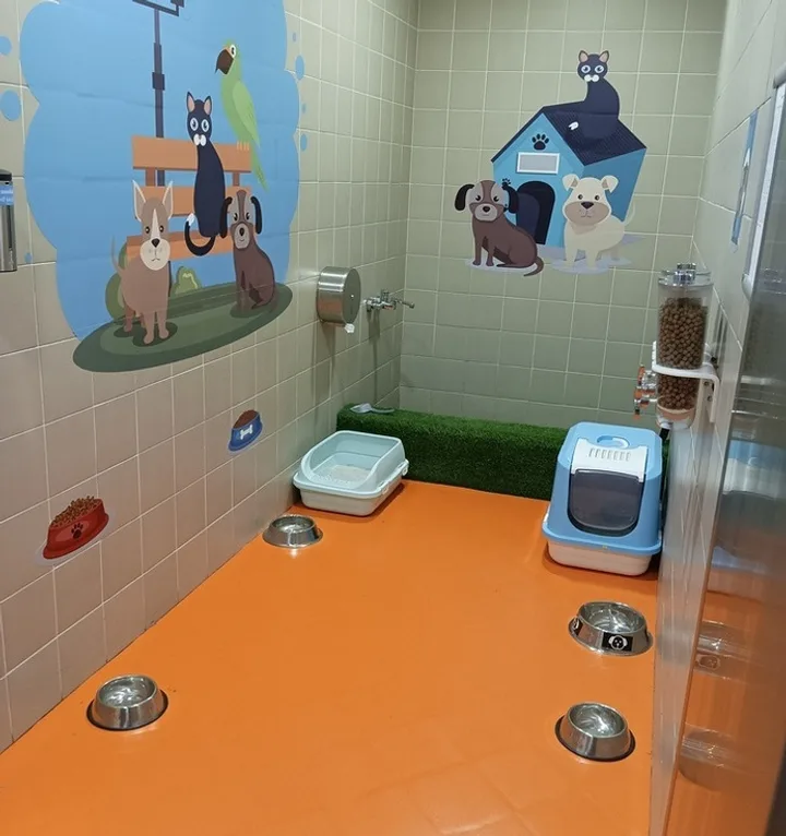 A colorful pet relief room at an airport with food bowls, litter boxes, and animal wall decals.