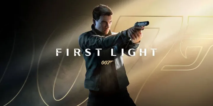 Promotional poster for '007: First Light' showing a young man aiming a pistol with the 007 logo.