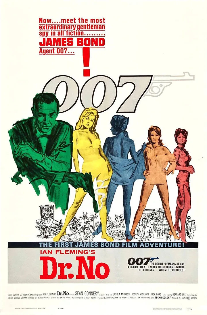 Vintage illustrated movie poster for 'Dr. No', the first James Bond film, featuring 007 branding.