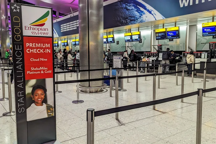 Ethiopian Airlines premium check-in signage for Cloud Nine and ShebaMiles Gold at Heathrow.