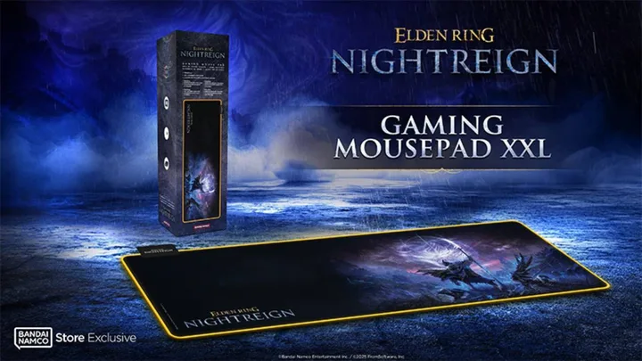 Elden Ring Nightreign branded XXL gaming mousepad and box displayed against a dark atmospheric background.