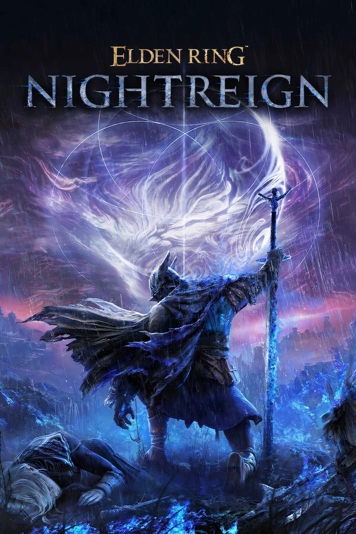 Official Elden Ring Nightreign key art showing armored warrior with glowing sword beneath a swirling spectral entity.