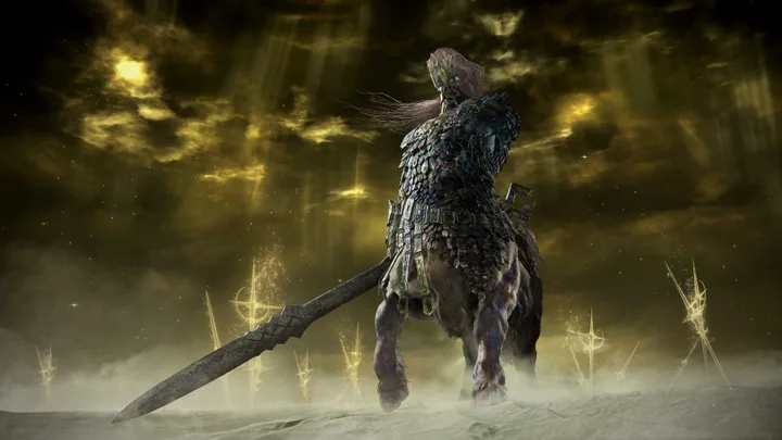 Massive armored giant creature holding a greatsword stands amid golden light rays and spiked ruins.
