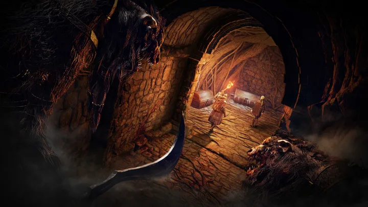 Players explore a torchlit stone dungeon tunnel flanked by enormous lurking monsters in a dark fantasy game.